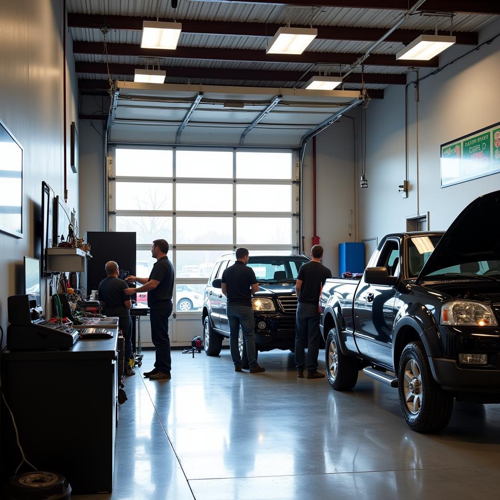 Des Moines Auto Service Shop interior with mechanics working on a car