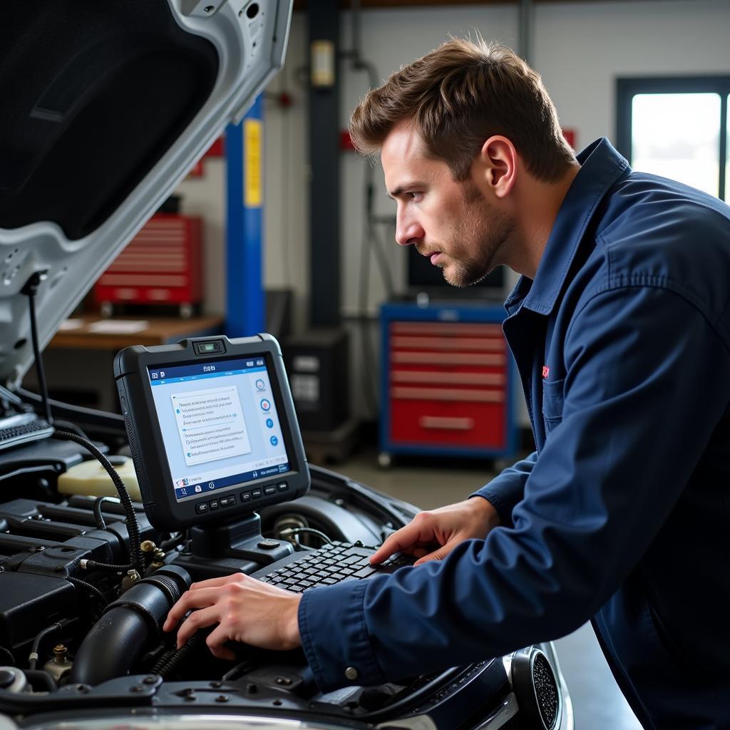 A Dublin auto mechanic using diagnostic equipment on a car engine.