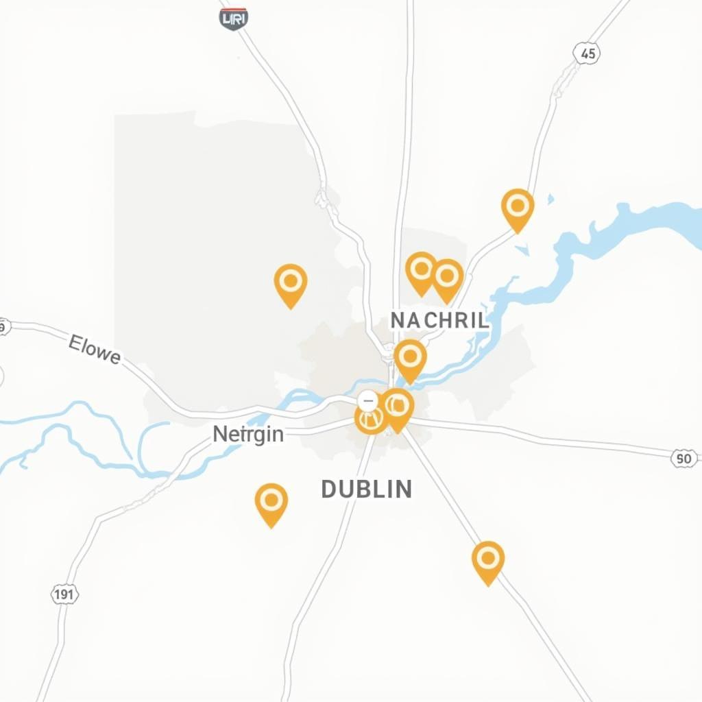 Map of Dublin highlighting various auto mechanic service locations