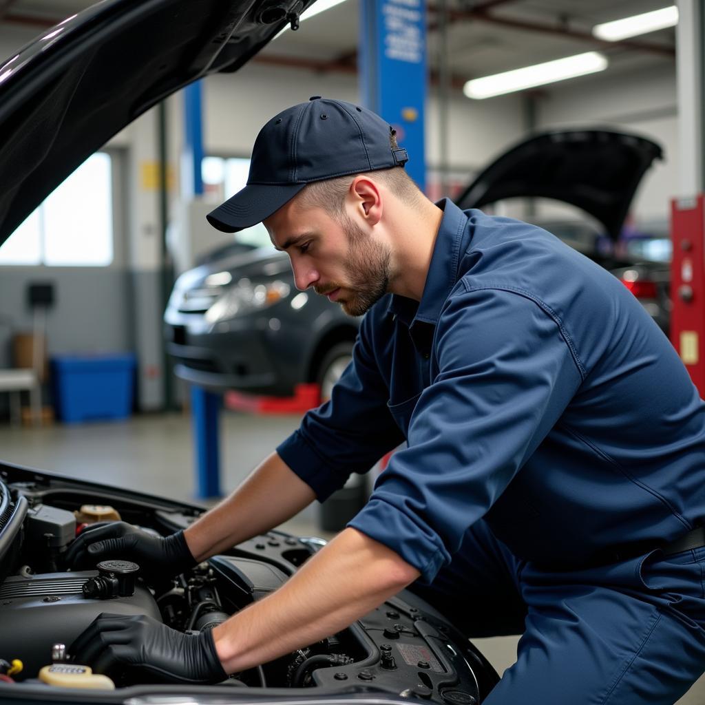 Mechanic Working on a Car at an East Midlands Airport Auto Service Centre