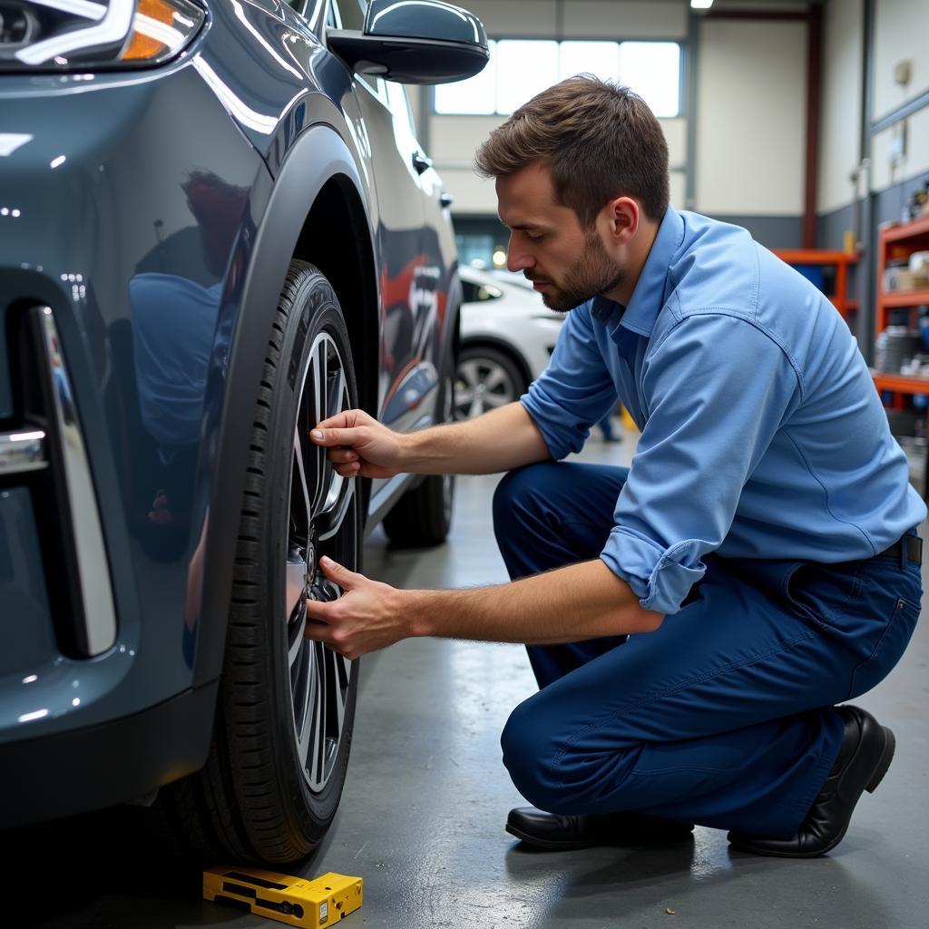 Technician Servicing Tires on an Electric Vehicle