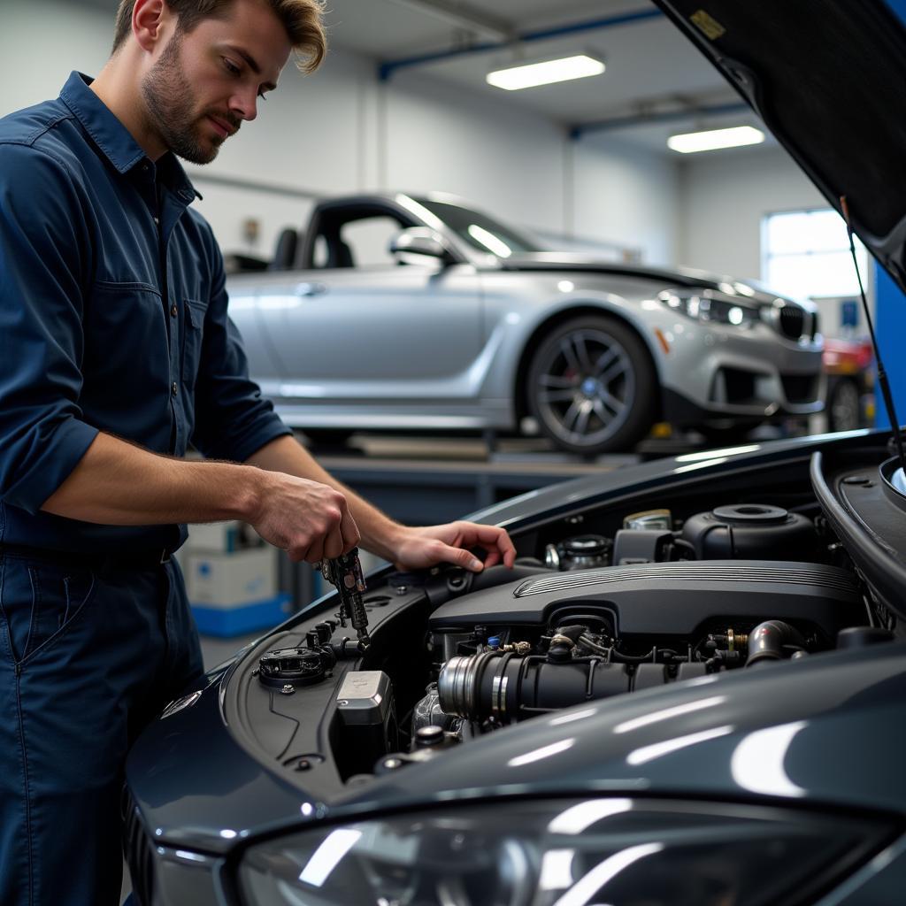 Experienced Technician Working on an Imported Sports Car