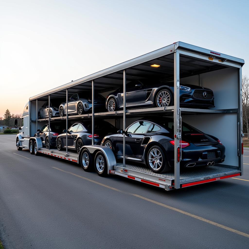 Enclosed Auto Transport Trailer Securing Luxury Vehicles