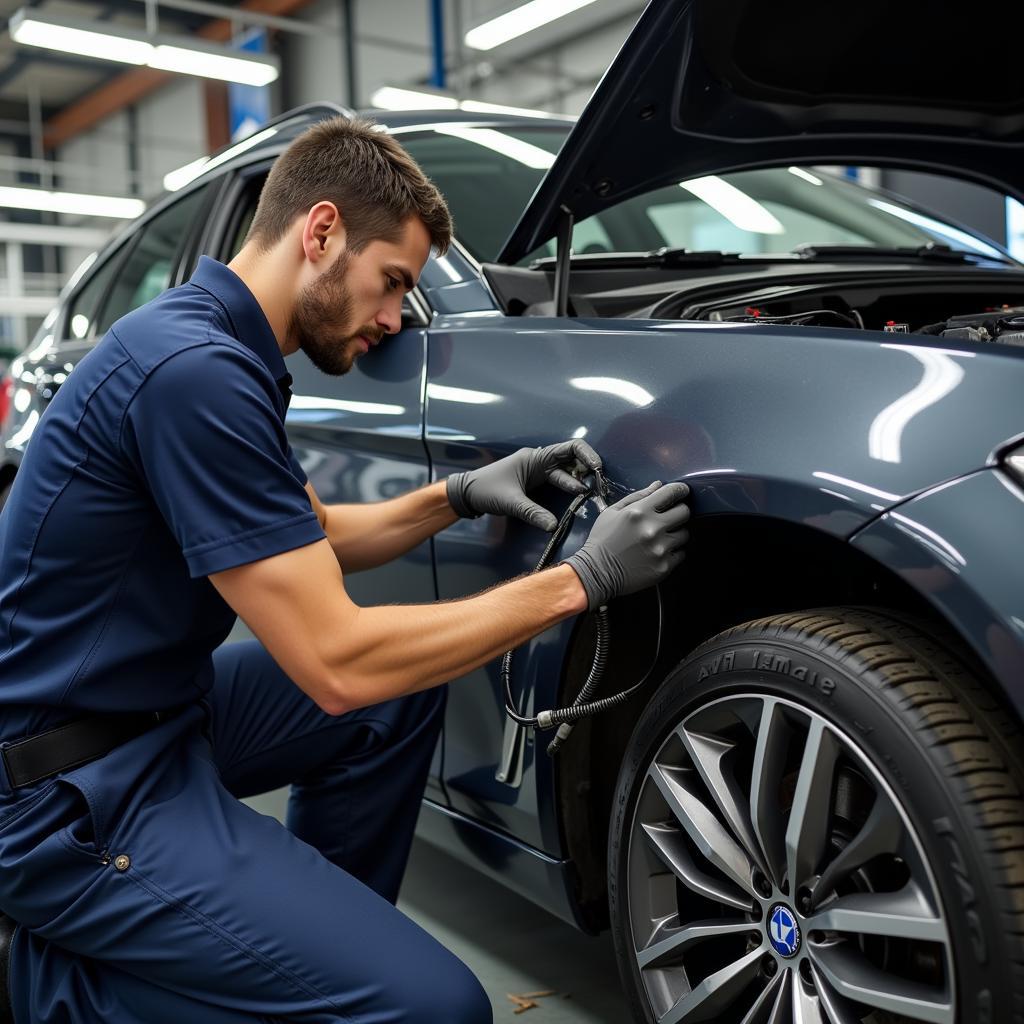 Mechanic working on a European car at a specialized auto service center in Birmingham, MI