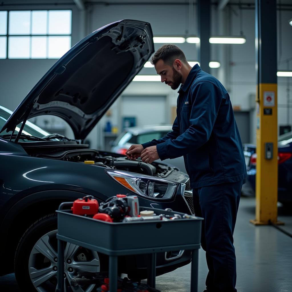 Mechanic Working on a Car in an Evergreen Auto Service Center