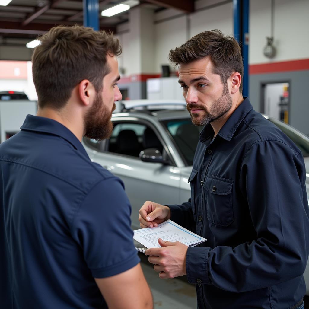 A person talking to a mechanic in an auto repair shop in Las Vegas