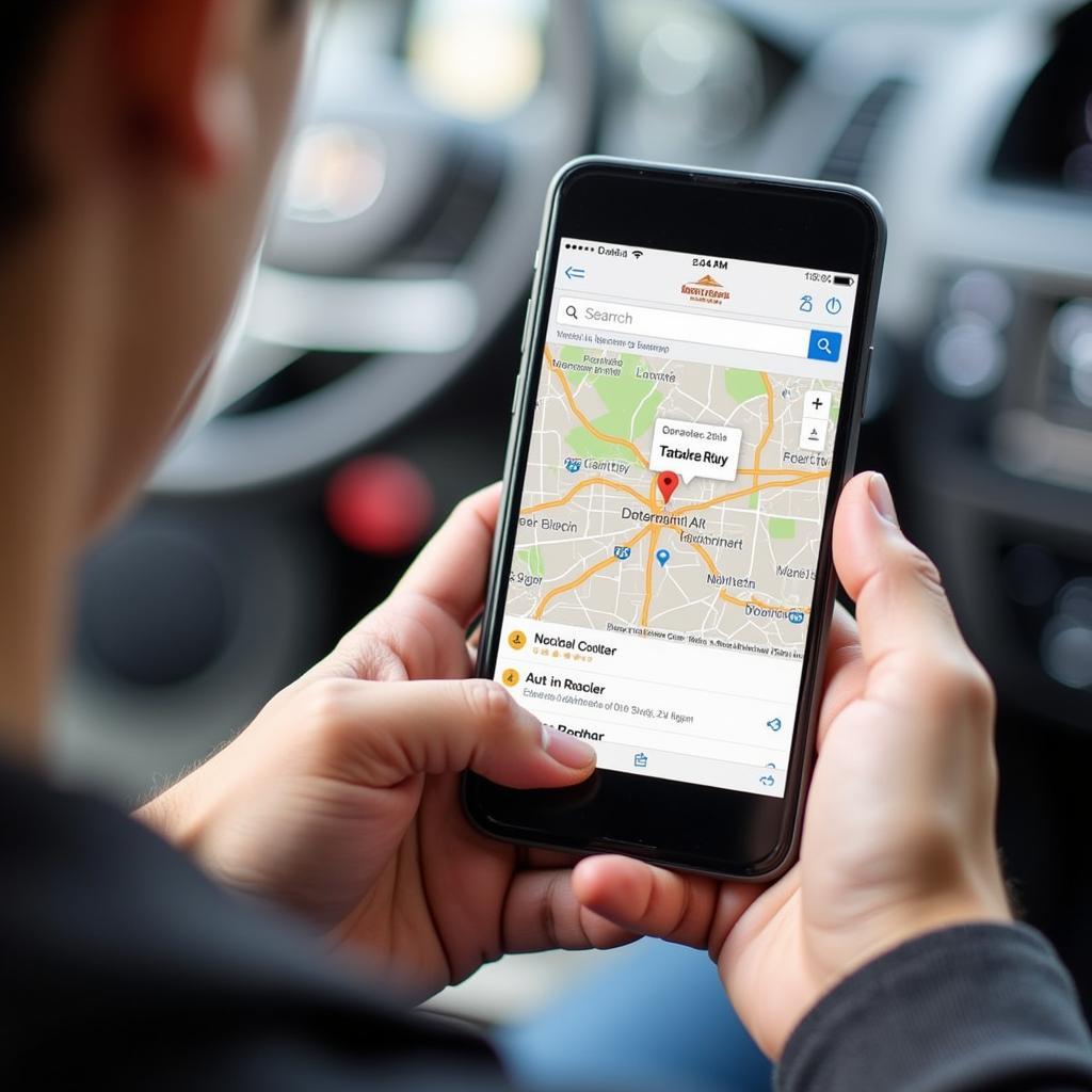 Finding the Best Auto Repair in Saratoga: A person using a smartphone to search for auto repair services in Saratoga, with a map of Saratoga in the background.