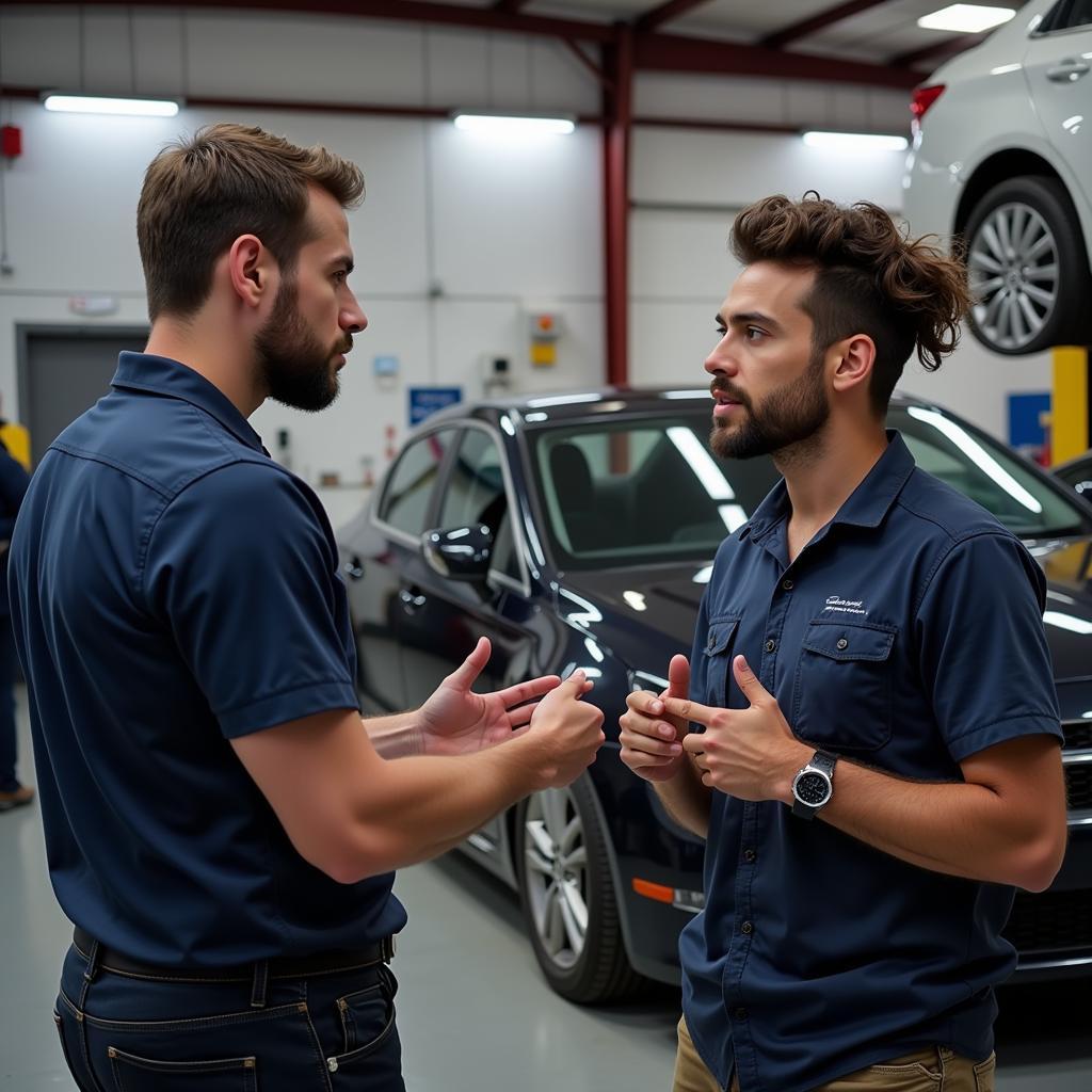 Customer Talking to Mechanic in Silver Spring Auto Repair Shop