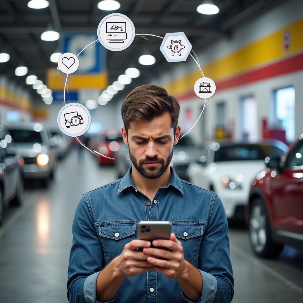 Finding the right auto masters service center can be challenging. This image depicts a person looking overwhelmed while searching for auto repair shops on their phone.