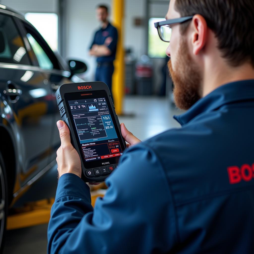 Foreign auto technician using a Bosch diagnostic tool to troubleshoot a complex issue on a European car.