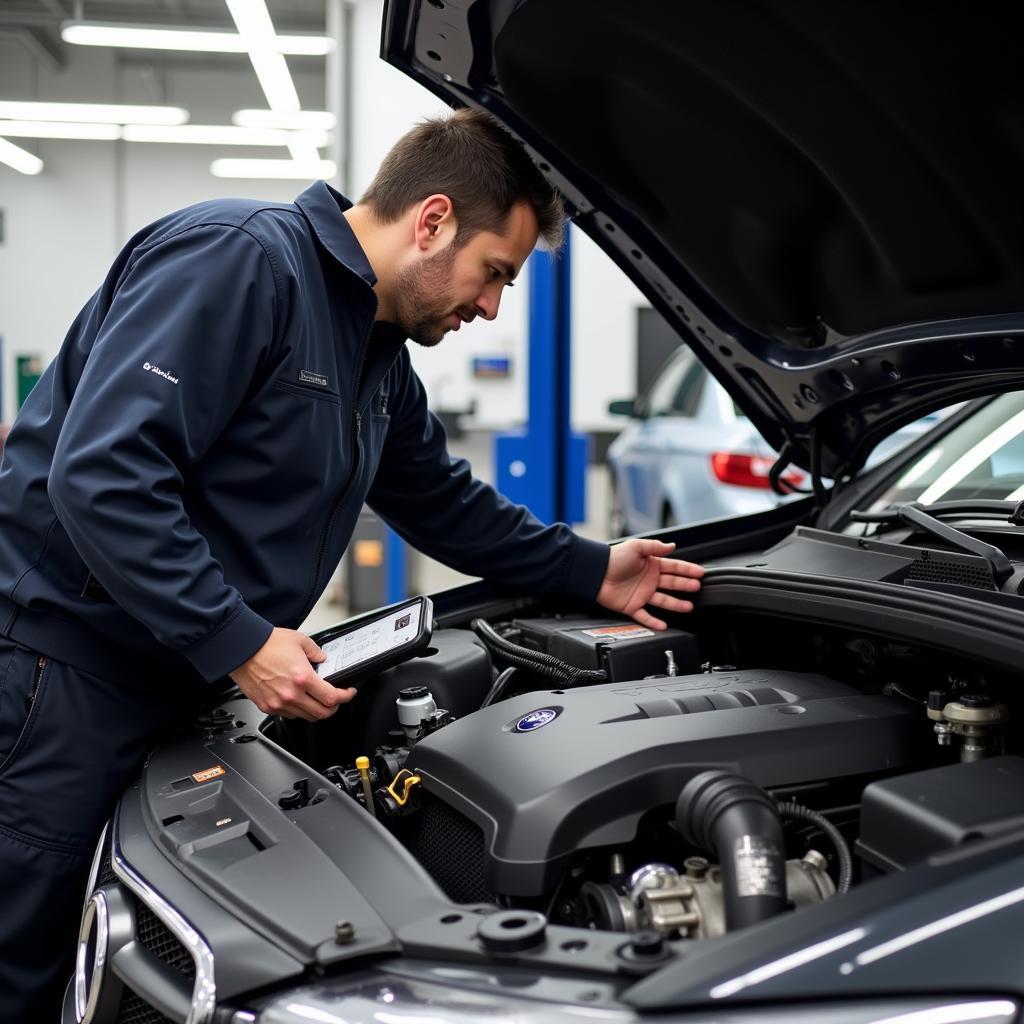 Foreign Car Service Technician Working on a Complex Engine Repair