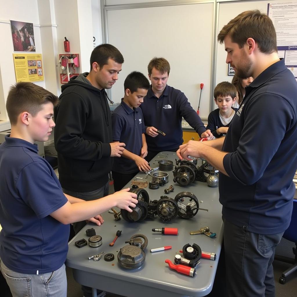 Students in an automotive training classroom learning car repair