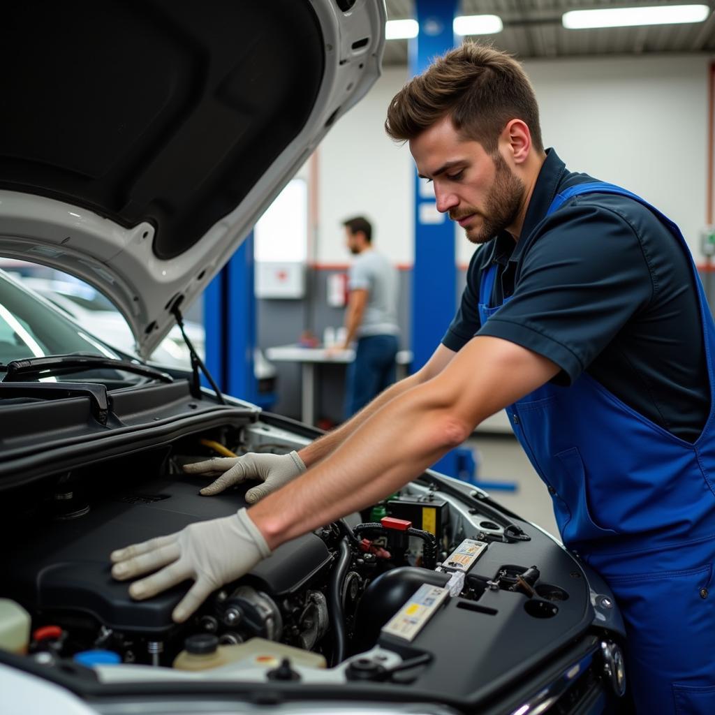 Certified mechanic working on a car in Framingham