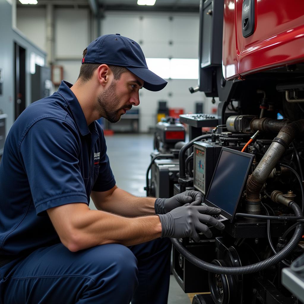 Mechanic working on a truck engine in a freestate auto and truck service center.