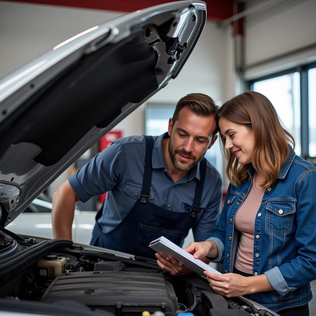 Friendly Mechanic Explaining Car Repairs to Customer