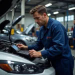 Mechanic working on a car in a full service auto shop