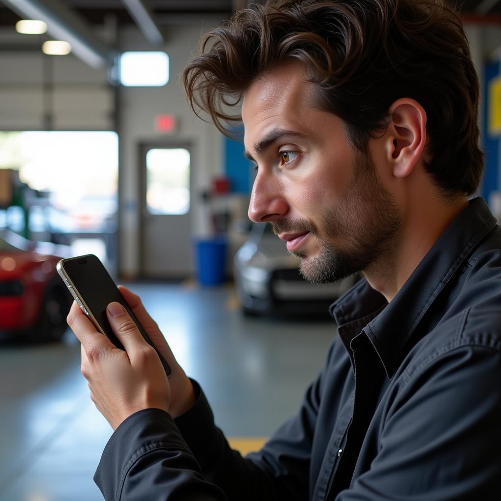 Customer Reading Auto Service Reviews on a Phone