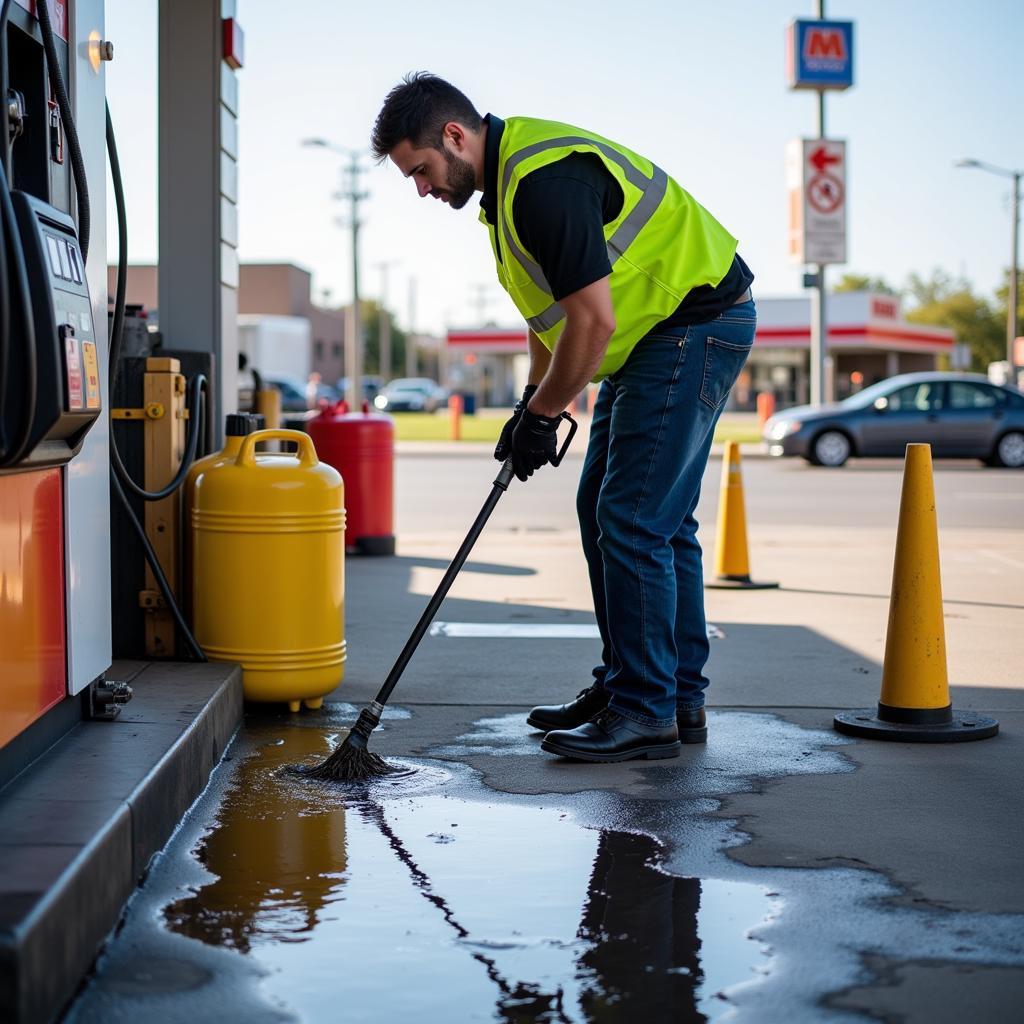 Gas Station Attendant Cleaning a Spill