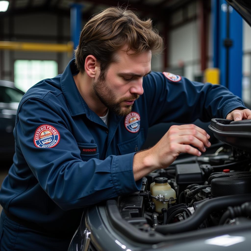 Technician at George's Friendly Auto Service working on a car engine