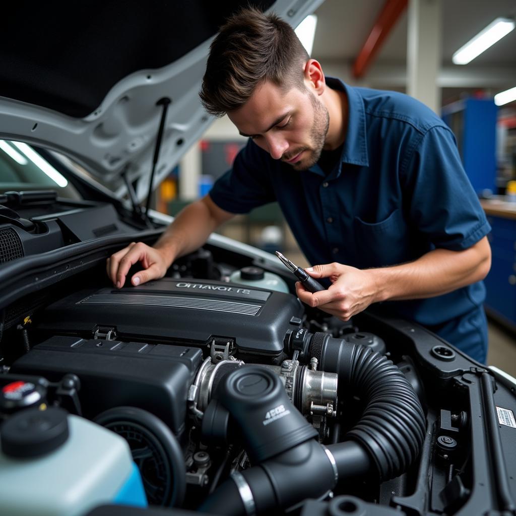 German Auto Service Technician Working on Engine