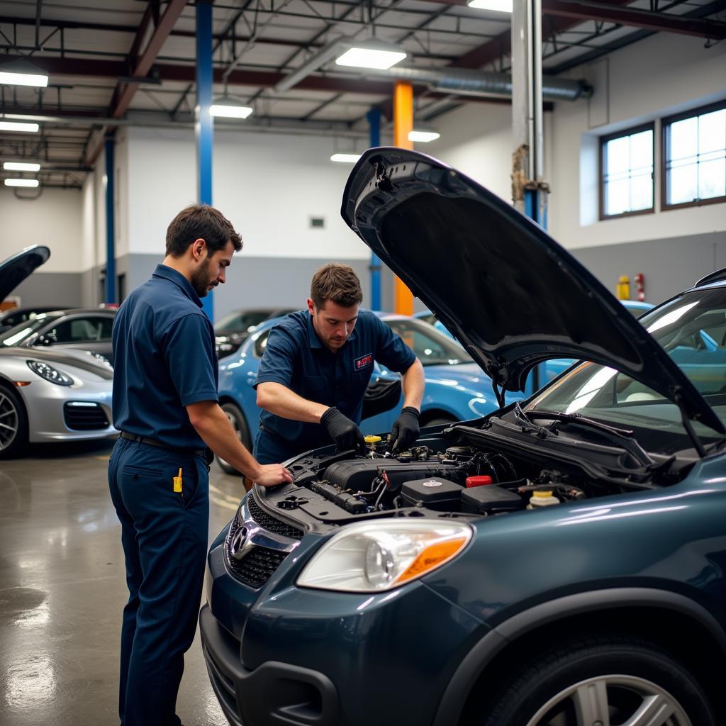 Mechanics working on a car's engine in a Greenfield auto service repair shop