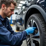 Mechanic Inspecting Tires and Vehicle