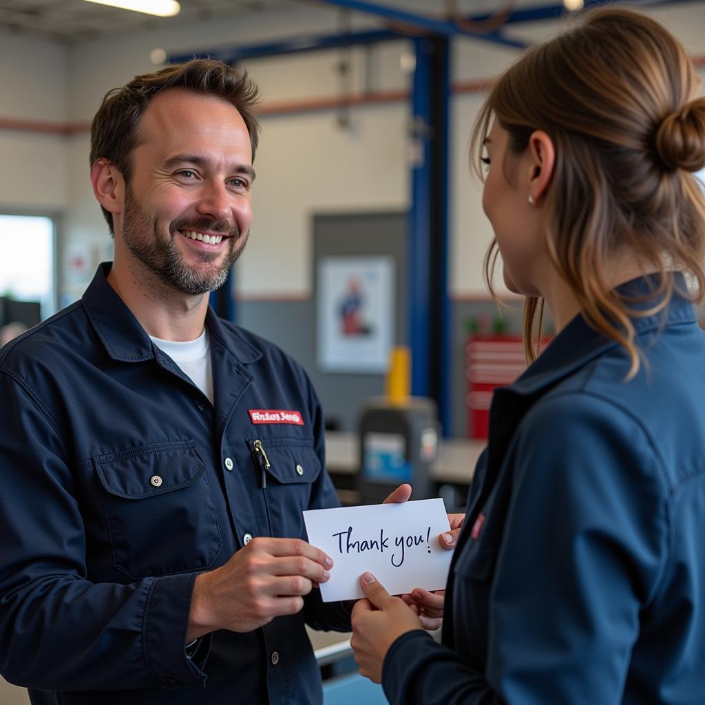 Customer Receiving a Thank You Note After Auto Repair