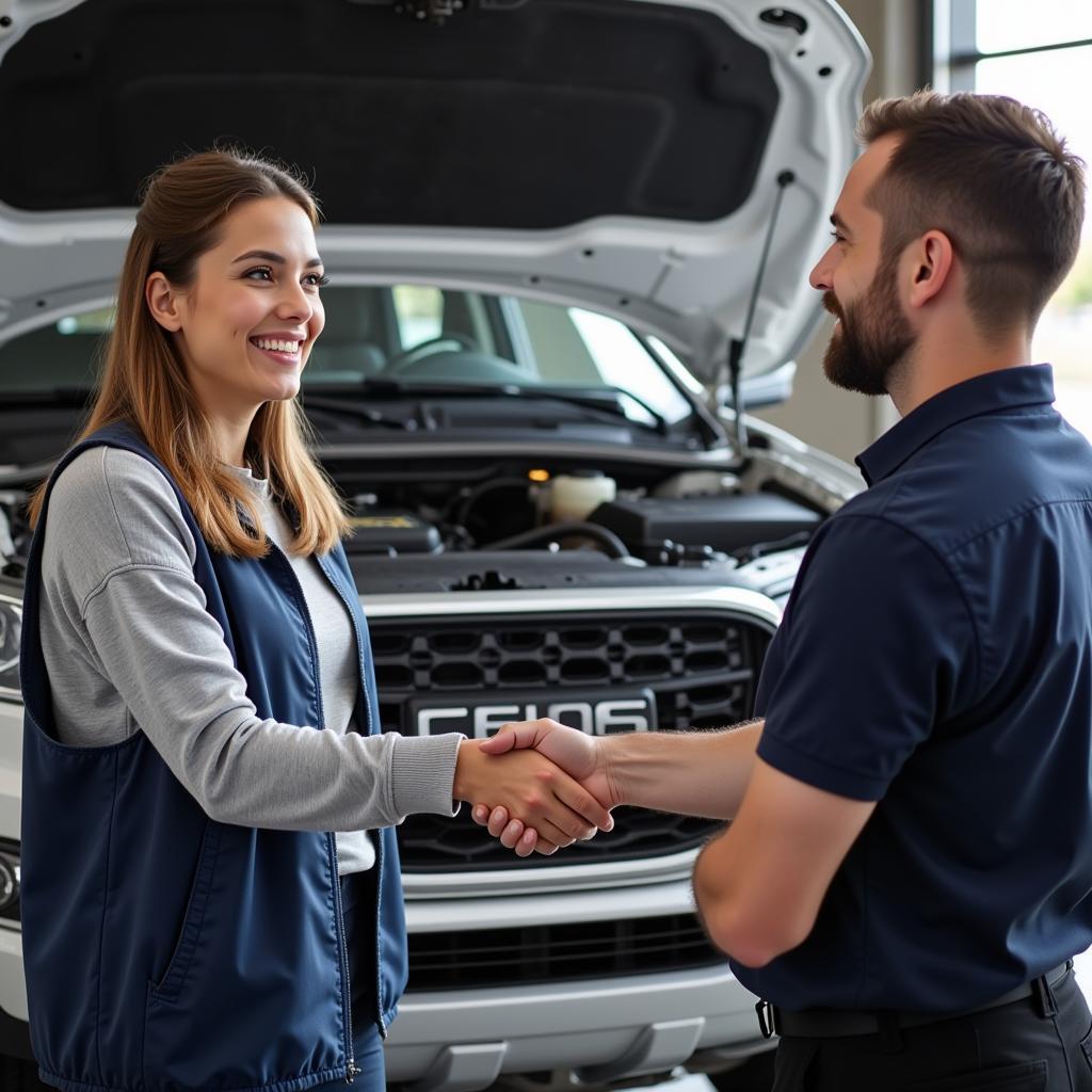 Happy Customer Shaking Hands with Auto Mechanic