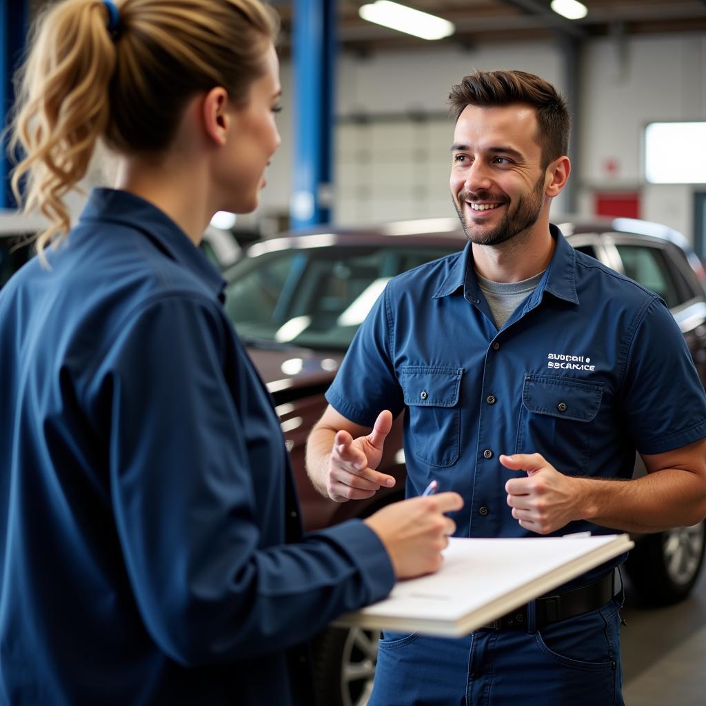 Asking questions at an auto service shop in Hartland, WI