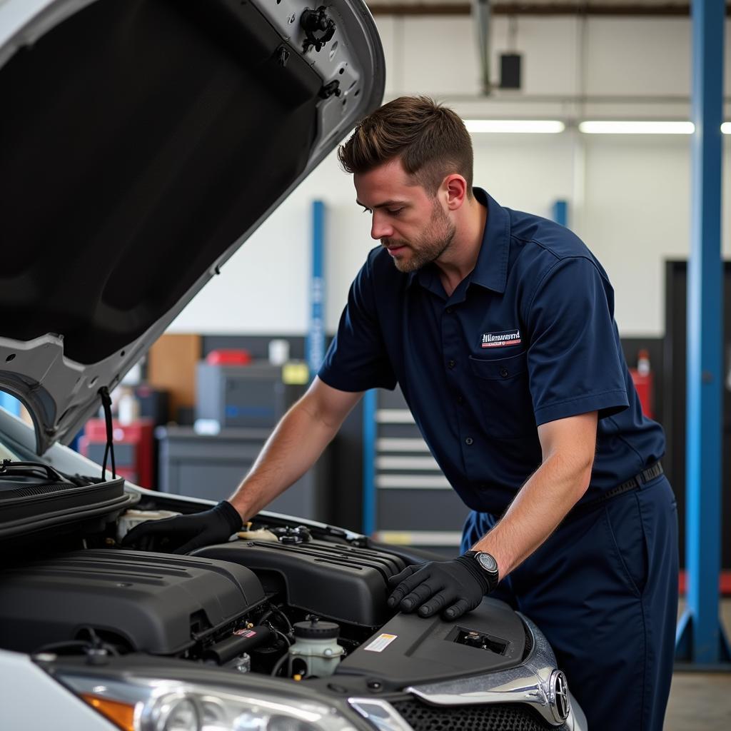 Mechanic working on a car engine at Hollingsworth Auto Service in Savannah, GA