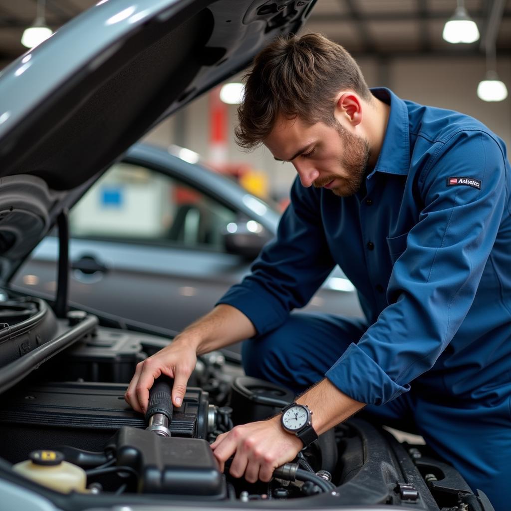 Mechanic diligently inspecting a car engine