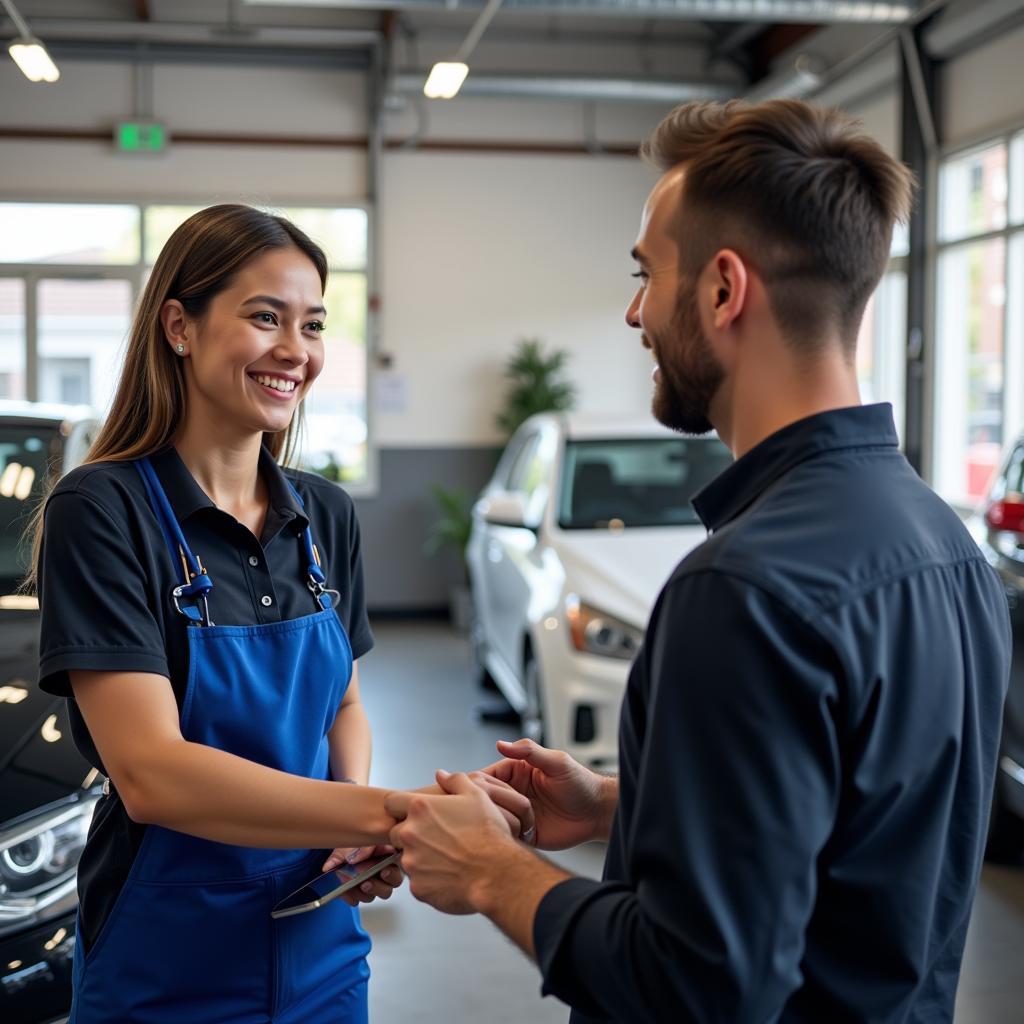 A satisfied customer receiving their car keys back after service at an auto shop in Humble