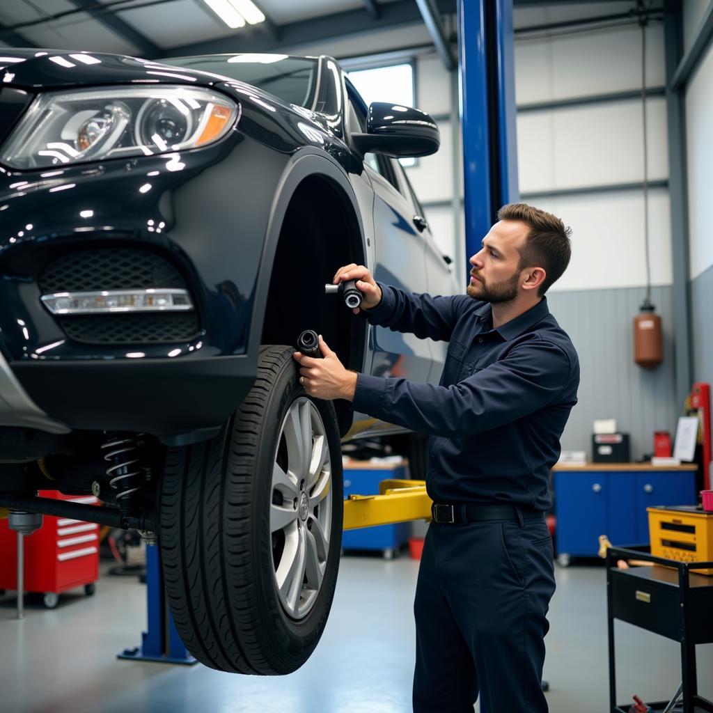 Car undergoing suspension repair in a Huntsville, AL auto shop