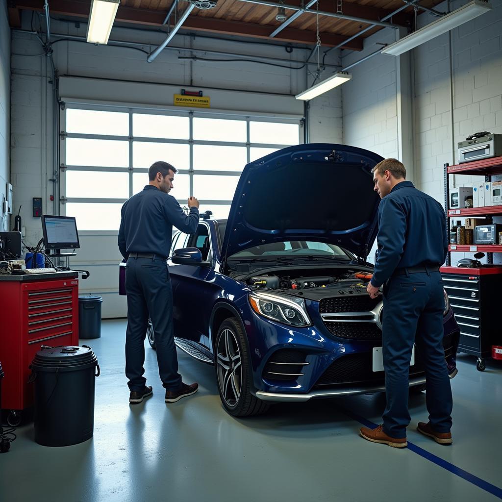 Indianapolis auto repair shop with mechanics working on a car