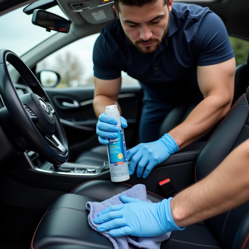 Professional cleaning the interior of a car at a detailing service in Belgrade, MT