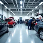 Modern Auto Service Center Repair Bay with Technicians Working on Vehicles