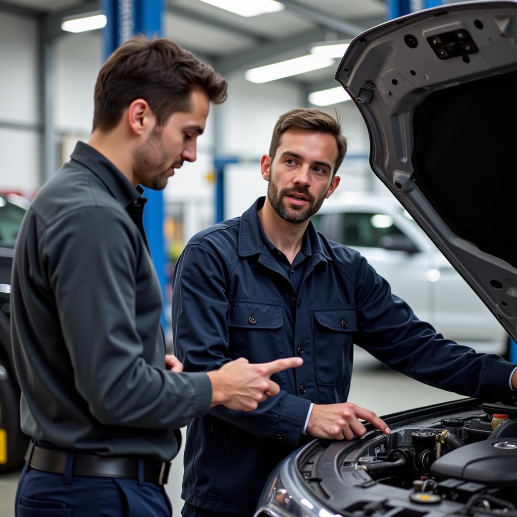 Customer discussing car issues with a mechanic at J J Auto Service