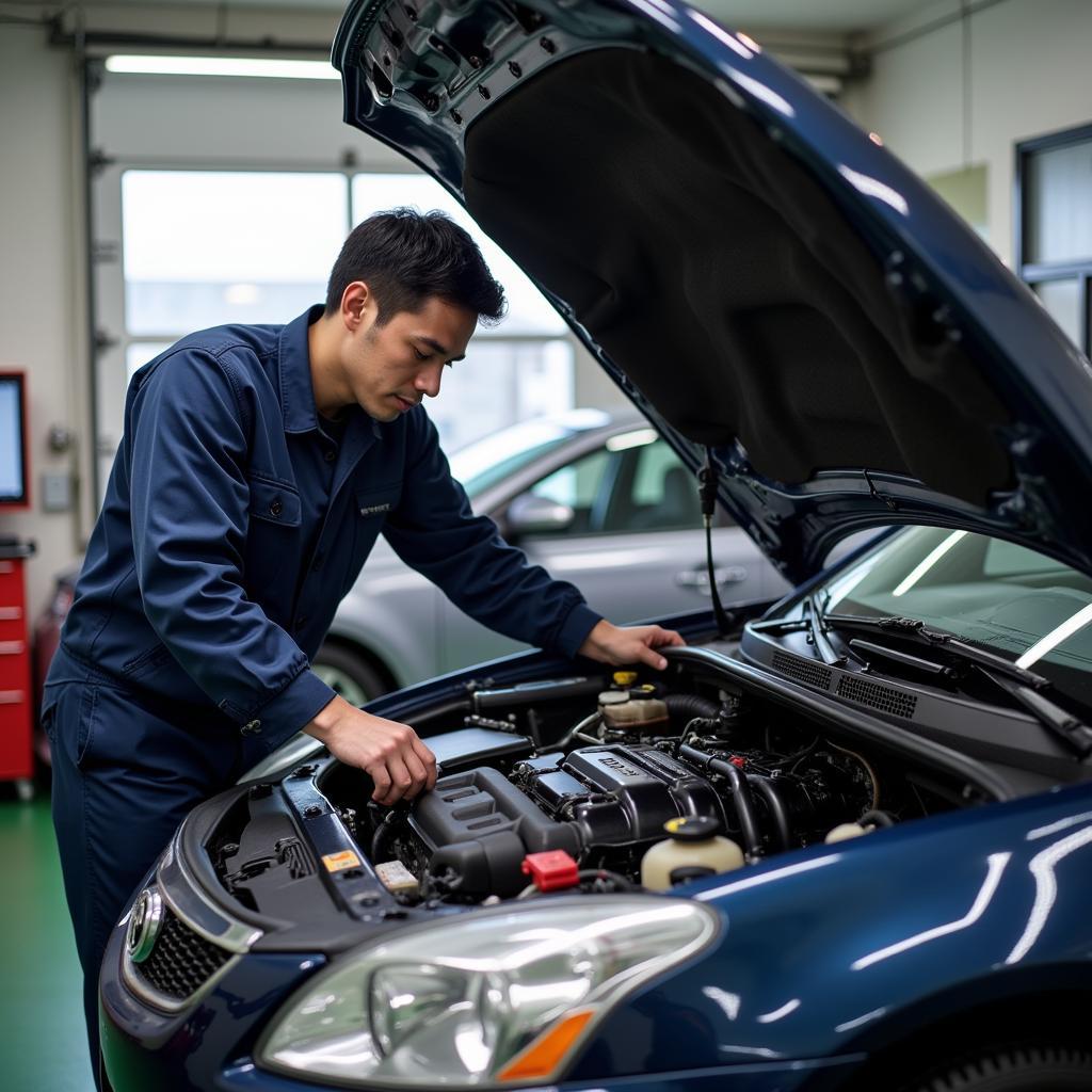 A Japanese auto service technician meticulously inspects and works on a car engine, demonstrating expertise and precision.