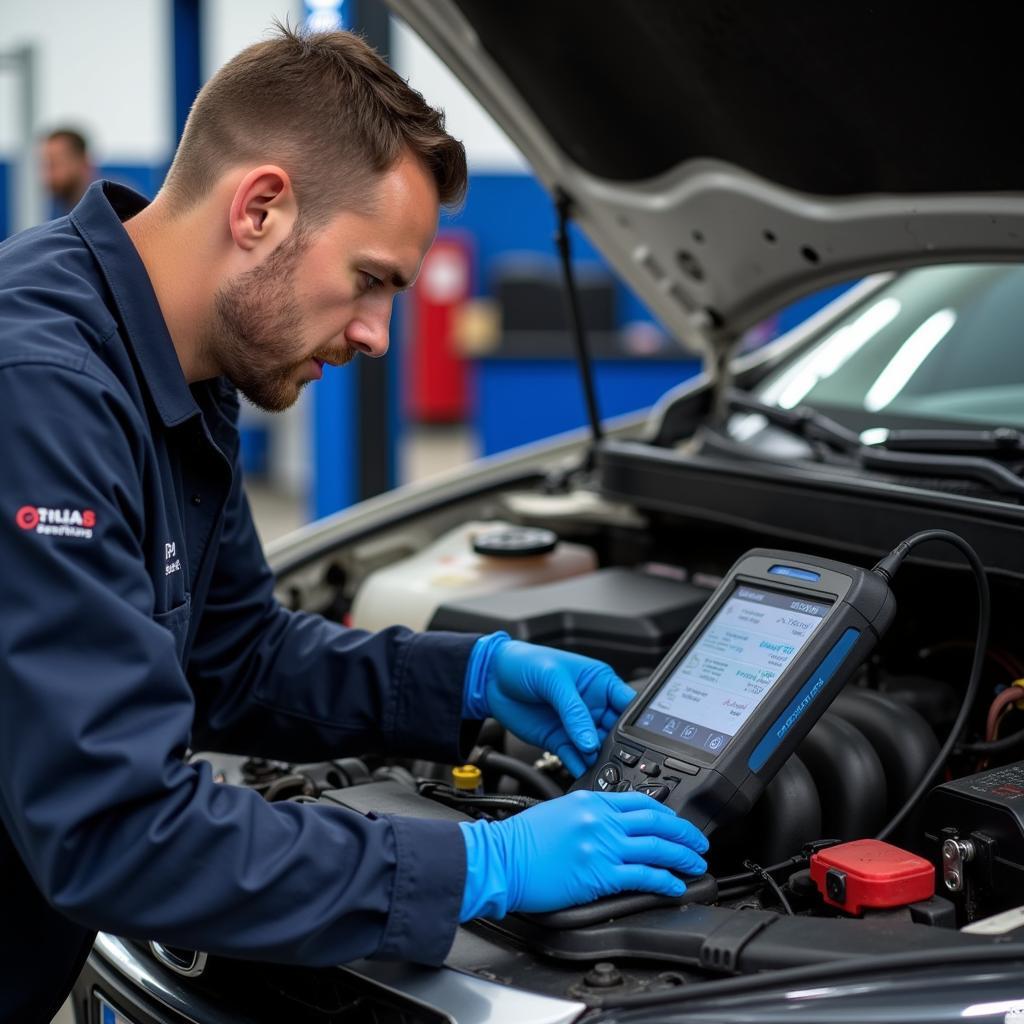 JB Auto Services technician using modern diagnostic equipment.