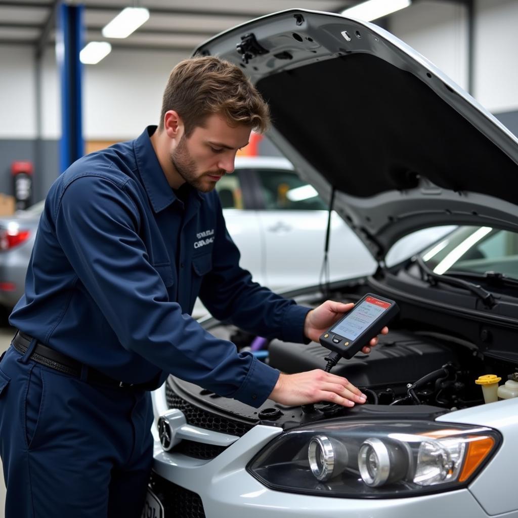 ASE Certified Technician Performing Diagnostic Check