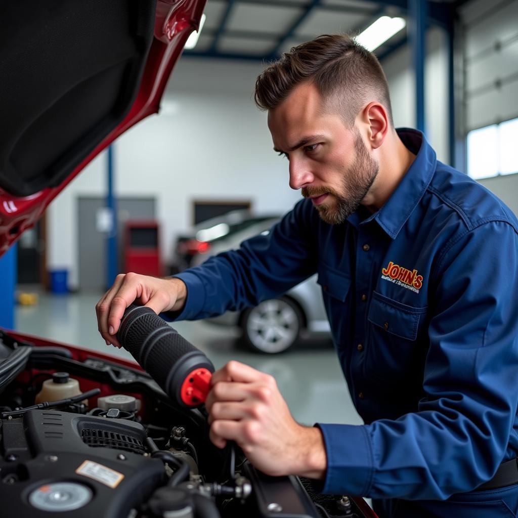 John's Complete Auto Service Technician Examining a Car Engine