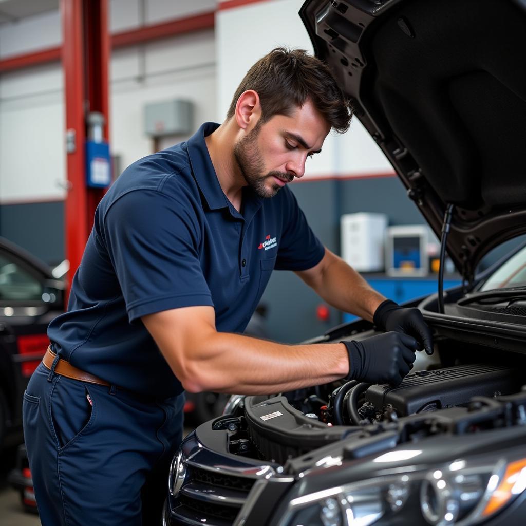 Mechanic diligently working on a car engine at J&V Auto Services