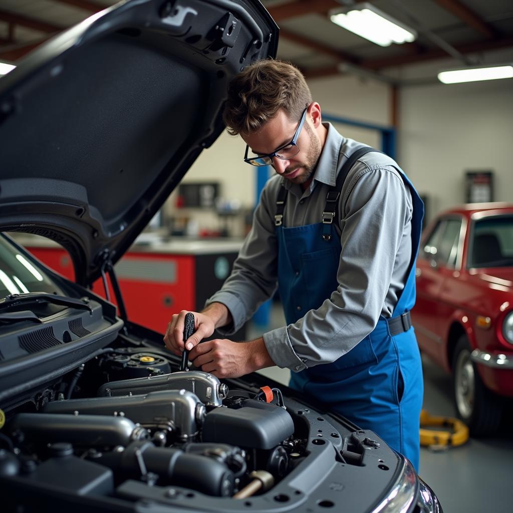 Kansas City auto service professional meticulously working on a car engine