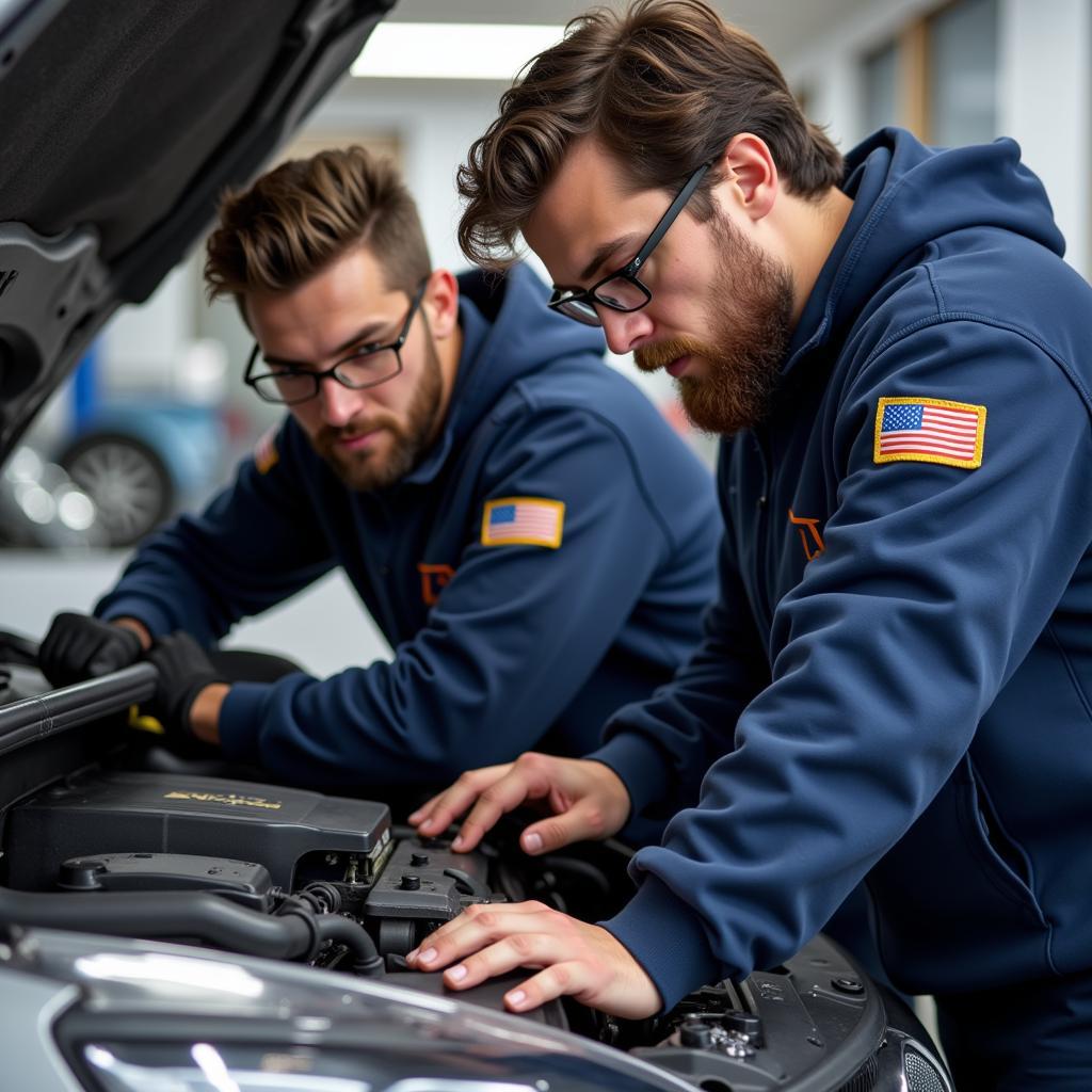 Expert Technicians at Ken's Auto Service Center Working on a Car Engine