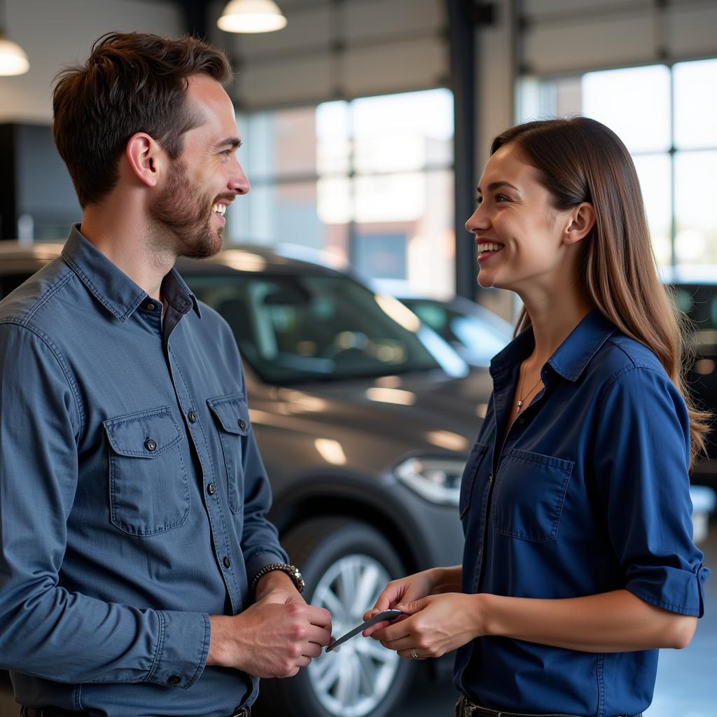 Customer interacting with a service advisor at a king auto service center.