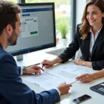 Kinion Auto Financing Options: A customer sits with a finance manager at Kinion Auto Sales, discussing loan terms and interest rates for a new car purchase.