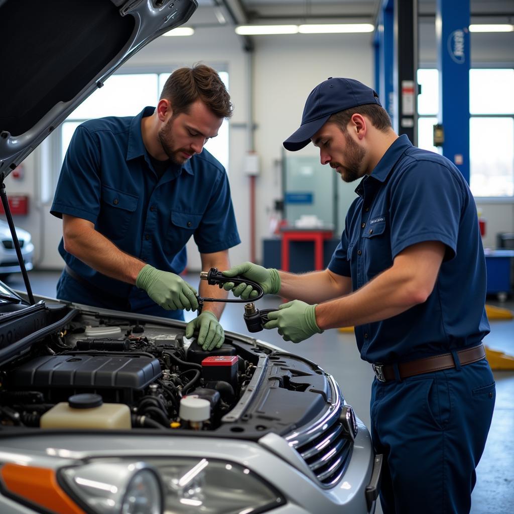 Mechanics performing repair services at a KNB auto service center