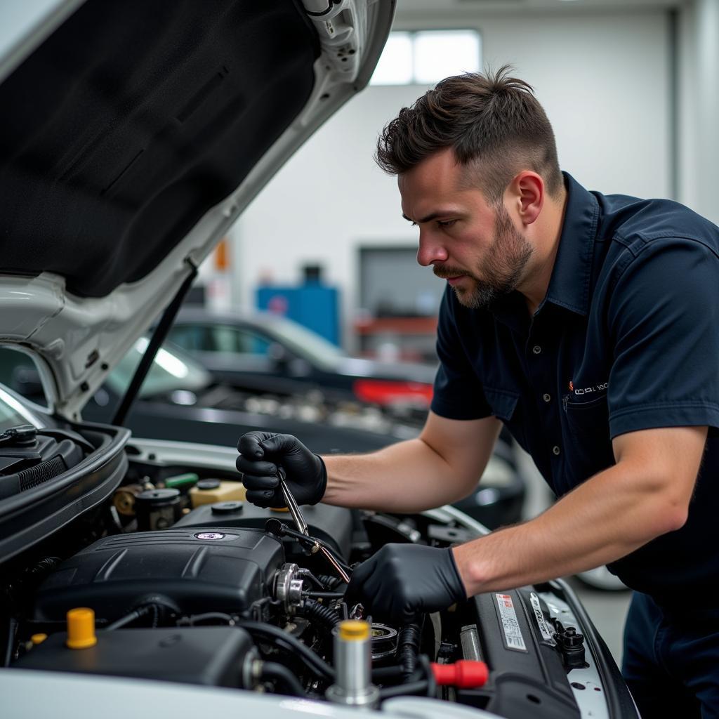 Mechanic performing complex engine work in a La Grange auto service center