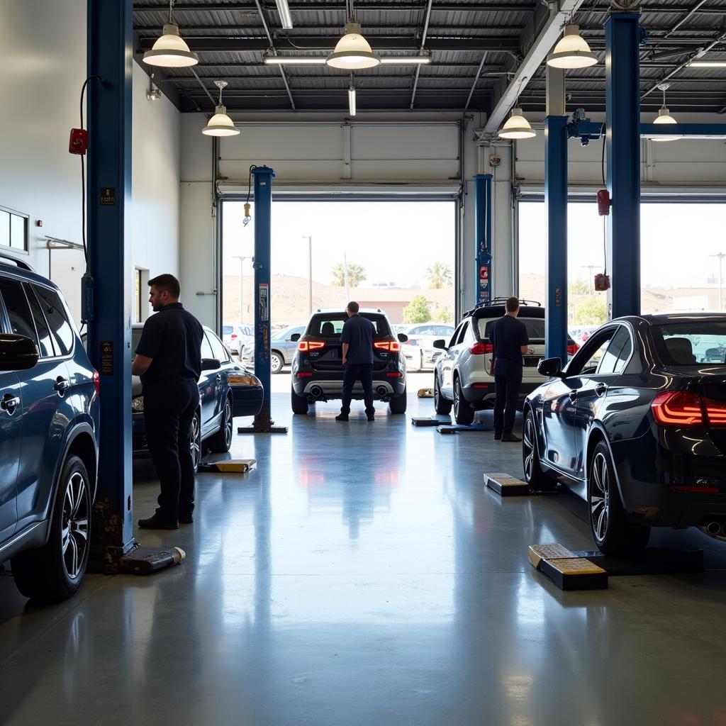 The interior of a busy and well-organized auto repair shop in Las Vegas.