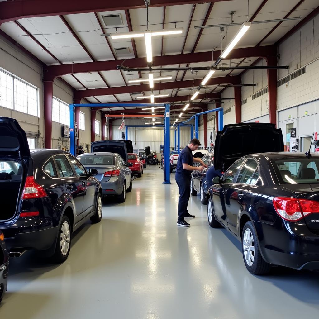 A bustling auto repair shop in Les Pennes Mirabeau with several cars being serviced.